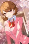  1girl blurry blurry_background blush bow bowtie breasts brown_eyes brown_hair cardigan cherry_blossoms choker collared_shirt commentary earrings eyelashes falling_petals glint heart heart_choker highres jewelry light_particles long_sleeves looking_at_viewer loose_bowtie medium_breasts outdoors parted_lips persona persona_3 persona_3_reload petals pink_cardigan red_bow red_bowtie ribbed_cardigan shirt short_hair smile solo stud_earrings swept_bangs takeba_yukari upper_body white_choker white_shirt zer00han 
