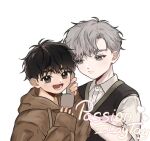  2boys black_hair brown_eyes brown_hoodie child closed_mouth collared_shirt copyright_name grey_eyes holding holding_phone hood hoodie ilay_riegrow jeong_taeui looking_at_viewer male_focus multiple_boys open_mouth passion_(manhwa) phone shirt smile sweater_vest teeth upper_body white_background white_hair white_shirt zenlis 