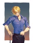  1boy a28841434 adjusting_clothes blonde_hair blue_shirt cigarette closed_eyes commentary curly_eyebrows facial_hair goatee gradient_background highres korean_commentary male_focus one_piece sanji_(one_piece) shirt short_hair simple_background sleeves_rolled_up solo striped_clothes striped_shirt vertical-striped_clothes vertical-striped_shirt 