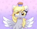 absurd_res blonde_hair confetticakez derp_eyes derpy_hooves_(mlp) equid equine food friendship_is_magic fur grey_body grey_fur hair hasbro hi_res looking_at_viewer mammal muffin my_little_pony mythological_creature mythological_equine mythology pegasus tongue tongue_out translucent translucent_hair wings yellow_eyes