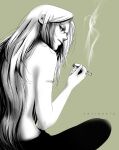  1girl artist_name cigar from_behind frown glasses green_background greyscale_with_colored_background hellsing highres holding holding_cigar indian_style integra_hellsing long_hair looking_at_viewer looking_back profile scar scar_on_arm sitting smoke solo topless toshimichi_yukari v-shaped_eyebrows 