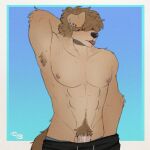 abs absurd_res anthro balls bird_dog blep blue_background brown_hair brown_pubes canid canine canis cerberussenn clothing domestic_dog drawstring_bottomwear ear_piercing floppy_ears fur gauged_ear genitals golden_retriever hair hair_over_eyes hand_behind_head hand_in_pants hi_res humanoid_genitalia humanoid_penis hunting_dog male mammal muscular muscular_male nipples pecs penis penis_peek piercing pubes raised_arm retriever signature simple_background solo tongue tongue_out underwear vein veiny_penis yellow_body yellow_fur