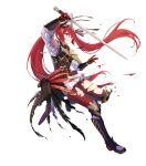  1girl armor boots clenched_teeth english_commentary fire_emblem fire_emblem_fates fire_emblem_heroes gambeson gloves hair_ribbon highres holding holding_sword holding_weapon leg_up leggings long_hair non-web_source official_art open_mouth parted_lips red_eyes red_hair red_leggings ribbon selena_(fire_emblem_fates) selena_(resplendent)_(fire_emblem_fates) slashing smile solo sword teeth torn_clothes torn_leggings twintails v-shaped_eyebrows very_long_hair weapon 
