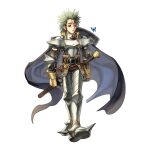  1boy 2000s_(style) armor armored_boots belt black_belt blue_butterfly blue_cape boots breastplate brown_eyes bug butterfly cape cross cross_of_prontera expressionless full_body gauntlets green_hair highres leg_armor looking_at_animal male_focus myung-jin_lee official_art paladin_(ragnarok_online) parted_lips pauldrons ragnarok_online scabbard scar scar_on_face sheath shoulder_armor simple_background solo spiked_hair standing sword tachi-e transparent_background weapon 
