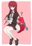  1girl ? bear brown_footwear collared_shirt d4ng4nn6bu12 danganronpa danganronpa/zero holding holding_pen invisible_chair kneehighs loafers long_hair monodam neck_ribbon necktie new_danganronpa_v3 notebook otonashi_ryouko pen red_eyes red_hair red_ribbon ribbon scarf school_uniform shirt shoes sitting white_legwear writing 