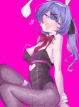  1girl :d animal_ears arms_at_sides bare_shoulders black_leotard black_pantyhose blue_eyes blue_hair blush bow bowtie breasts detached_collar fake_animal_ears feet_out_of_frame fishnet_pantyhose fishnets from_side hair_ornament hatsune_miku heart heart-shaped_pupils highleg highleg_leotard highres knee_up large_breasts leotard long_hair multicolored_hair open_mouth pantyhose pink_background pink_hair playboy_bunny rabbit_ears rabbit_hole_(vocaloid) red_bow red_bowtie short_twintails sidelocks simple_background smile solo symbol-shaped_pupils twintails two-tone_hair vivo_(vivo_sun_0222) vocaloid x_hair_ornament 