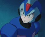  1boy android armor bishoujo_senshi_sailor_moon blue_armor blue_headwear dark_background dilated_pupils forehead_jewel helmet lemon_inu mega_man_(series) mega_man_x_(series) meme sailor_moon_redraw_challenge_(meme) shoulder_armor solo upper_body x_(mega_man) 