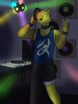 3:4 anthro bottomwear cervine clothed clothing collar dj_strap electronics fully_clothed fuze headphones hi_res male muntjac pants record_player rolled_up_pants shirt solo tank_top topwear vinyl_record wristband