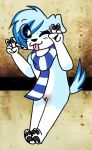 anthro blue_body blue_fur canid canine canis domestic_dog female fur gesture hand_gesture mammal one_eye_closed scarf solo third-party_edit tongue tongue_out unknown_artist v_sign white_body white_fur wink