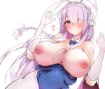  1girl animal_ears azur_lane blue_bow blue_bowtie blue_leotard blush bow bowtie braid breasts cleavage commentary_request covered_navel dermar detached_collar gloves hair_over_eyes highres large_breasts leotard long_hair looking_at_viewer louisville_(azur_lane) nipples pantyhose parted_lips playboy_bunny purple_eyes purple_hair rabbit_ears sidelocks simple_background solo unlikely_accident wardrobe_malfunction white_background white_gloves white_pantyhose 