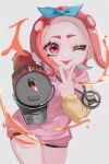  1girl :p black_shorts blaster_(splatoon) commentary_request eyelashes grey_background gun highres holding holding_gun holding_weapon hood hoodie looking_at_viewer medium_hair octoling octoling_girl octoling_player_character one_eye_closed paint pink_eyes pink_hoodie red_hair shorts simple_background solo splatoon_(series) splatoon_3 tentacle_hair tongue tongue_out vmux3442 weapon 