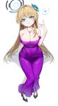  1girl absurdres alternate_costume black_footwear blonde_hair blue_archive blue_eyes blue_halo blush breasts cleavage collarbone dress halo hand_up hashtag_only_commentary heart high_heels highres jewelry large_breasts long_hair looking_at_viewer necklace off-shoulder_dress off_shoulder open_mouth purple_dress simple_background solo spoken_heart sugar_(dndi888) toki_(blue_archive) white_background 