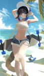  1girl animal arknights arms_up beach bikini bikini_under_shorts bird black_choker black_hair blue_bird blue_eyes blue_hair blue_shorts breasts brown_tail choker closed_mouth commentary_request day denim denim_shorts earrings eunectes_(arknights) eunectes_(forgemaster)_(arknights) foot_out_of_frame hat high_priest_(arknights) highres jewelry looking_at_viewer medium_breasts multicolored_hair necklace no_navel ocean official_alternate_costume outdoors pointy_ears sankichi_(croquette_crab) short_hair short_shorts shorts side-tie_bikini_bottom skateboard snake_girl snake_tail solo standing streaked_hair sunlight swimsuit tail unfinished white_bikini white_headwear wristband 