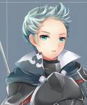  1boy armor ayame_(norie11) collared_cape fire_emblem fire_emblem_fates green_eyes grey_hair lance looking_at_viewer male_focus polearm quiff silas_(fire_emblem) weapon 
