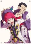  2boys black_hair black_shirt closed_eyes collared_shirt commentary_request father_and_son giovanni_(pokemon) giovanni_(sygna_suit)_(pokemon) highres how_long jacket male_focus multiple_boys official_alternate_costume one_eye_closed open_clothes open_jacket open_mouth pokemon pokemon_masters_ex purple_headwear red_hair shirt silver_(champion)_(pokemon) silver_(pokemon) sweat 