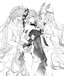 3girls alternate_costume belt bird_hair_ornament black_choker black_panties blush bow bowtie choker clenched_teeth closed_mouth dress dress_flower dual_persona earrings fu_hua fu_hua_(azure_empyrea) fu_hua_(cerulean_court) fu_hua_(fenghuang_of_vicissitude) fu_hua_(herrscher_of_sentience) fu_hua_(turn_up_the_music!)_(herrscher_of_sentience) greyscale hair_between_eyes hair_bow hair_ornament hair_over_one_eye haruka_(rsyaooooo) highres honkai_(series) honkai_impact_3rd jacket jewelry long_hair long_sleeves looking_at_another monochrome multiple_girls necktie official_alternate_costume open_clothes open_jacket panties pants scales simple_background single_earring suit sweat teeth thighs underwear white_background yuri 