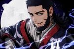  1boy ainu_clothes beard black_hair blue_eyes buzz_cut earrings facial_hair full_beard golden_kamuy grmms_otk hoop_earrings jewelry kiroranke looking_at_viewer male_focus mature_male short_hair smile solo thick_beard thick_eyebrows upper_body very_short_hair 