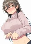  1girl black_hair blush breasts clothes_lift hair_ornament hairclip highres kantai_collection large_breasts long_hair looking_at_viewer oyashio_(kancolle) simple_background smile solo sweater sweater_lift taketora_suzume white_background 