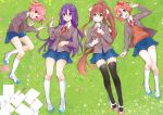  4girls :d :o bangs black_legwear blue_eyes blue_skirt bow brown_hair commentary commission doki_doki_literature_club english_commentary eyebrows_visible_through_hair fang from_above full_body grass green_eyes grey_jacket hair_between_eyes hair_bow hair_ornament hair_ribbon hairclip highres jacket kneehighs long_hair long_sleeves looking_at_viewer lying monika_(doki_doki_literature_club) multiple_girls natsuki_(doki_doki_literature_club) neck_ribbon on_back on_side open_clothes open_jacket open_mouth orange_vest paper pen petals pink_eyes pink_hair ponytail purple_eyes purple_hair red_bow red_neckwear red_ribbon ribbon sayori_(doki_doki_literature_club) shirt shoes short_hair skin_fang skirt smile thigh_gap thighhighs two_side_up very_long_hair vest white_legwear white_ribbon white_shirt wing_collar xhunzei yuri_(doki_doki_literature_club) zettai_ryouiki 
