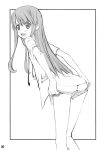  1girl absurdres ass bangs border commentary_request dress_shirt eyebrows_visible_through_hair from_behind frown greyscale highres kusano_kouichi leaning_forward long_hair looking_at_viewer looking_back monochrome no_pants open_clothes open_mouth open_shirt original outside_border panties panty_pull pulled_by_self shirt short_sleeves solo standing underwear undone_neckwear v-shaped_eyebrows 
