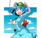  1girl blue_background blue_eyes blue_hair blue_shirt blue_skirt cloud commentary_request cowboy_shot crayfish fishing_rod green_headwear hair_bobbles hair_ornament hand_up holding holding_fishing_rod kawashiro_nitori key looking_at_viewer open_mouth shinapuu shirt short_hair short_sleeves skirt smile solo touhou two_side_up 
