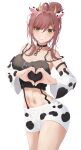 1girl absurdres ahoge animal_ears animal_print aray_1010 black_bra black_camisole black_collar bra bra_strap breasts brown_hair camisole cleavage collar cow_ears cow_horns cow_print detached_sleeves english_commentary green_eyes grin hair_ornament heart heart-shaped_pupils heart_hands highres horns indie_virtual_youtuber large_breasts long_hair looking_at_viewer midriff miori_celesta musical_note musical_note_hair_ornament navel short_shorts shorts simple_background smile solo strap_slip suspender_shorts suspenders symbol-shaped_pupils teeth treble_clef underwear virtual_youtuber white_background 