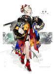  1girl baggy_clothes hair_up hands_in_pockets highres jacket katana legs multicolored_clothes multicolored_jacket original red_footwear shiba_(s_hi_ba_) shoes solo sword weapon white_hair yellow_eyes 