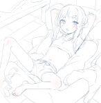  1girl akari_(raigou) arms_up bad_id bad_twitter_id barefoot boyshort_panties bra couch feet flat_chest inactive_account lineart looking_at_viewer lying monochrome navel on_back on_couch open_mouth original raigou sketch solo table training_bra underwear unworn_socks unworn_sweater 