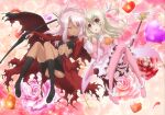  2girls ascot black_bra black_footwear blonde_hair blush boots bow_(weapon) bra breasts cape chloe_von_einzbern cross dark-skinned_female dark_skin dress elbow_gloves fate/kaleid_liner_prisma_illya fate_(series) feather_hair_ornament feathers flower full_body gloves hair_between_eyes hair_ornament heart holding holding_bow_(weapon) holding_hands holding_weapon illyasviel_von_einzbern interlocked_fingers kaleidostick knees latin_cross long_hair looking_at_viewer magical_girl magical_ruby multiple_girls navel official_art open_mouth parted_bangs petals pink_dress pink_footwear pink_hair prisma_illya red_cape red_eyes rose small_breasts stomach teeth thigh_boots thighs underwear weapon yellow_ascot 