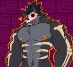 abs anthro areola artist_name biceps black_body black_fur black_hair bodypaint day_of_the_dead fur grey_areola grey_body grey_ears grey_fur grey_inner_ear hair heart_symbol hi_res mako_(pumpking_wolf) male male_anthro mask mask_only multicolored_body multicolored_fur muscular muscular_anthro muscular_male nude nude_anthro nude_male orange_bodypaint orange_outline outline pattern_background pecs ponytila prick_ears pumpking_wolf purple_background red_eyes simple_background skeleton_bodypaint skull_mask solo two_tone_body two_tone_fur white_mask