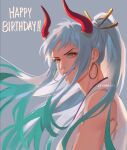 1girl aqua_hair earrings floating_hair grey_background hair_ornament happy_birthday horns japanese_clothes jewelry kimono looking_at_viewer multicolored_hair one_piece ponytail rami_rz red_horns simple_background sleeveless sleeveless_kimono smile solo white_hair yamato_(one_piece) 