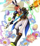  1boy animal_hat attack black_gloves boots brown_footwear cape egg fire_emblem fire_emblem:_three_houses fire_emblem_heroes flower gloves hat highres holding holding_polearm holding_weapon non-web_source official_alternate_costume official_art one_eye_closed open_mouth pants polearm rabbit_hat red_eyes red_hair solo sylvain_jose_gautier sylvain_jose_gautier_(spring) teeth v-shaped_eyebrows weapon white_pants 