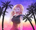  1girl ^_^ aco_peda arm_tattoo black_dress closed_eyes commentary_request dated dress earrings food fruit holding holding_food holding_fruit jewelry mandarin_orange nami_(one_piece) one_piece open_mouth orange_hair palm_tree short_hair signature solo tattoo tree upper_body 