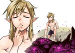  1boy bike_shorts blonde_hair blue_eyes closed_eyes eating finger_in_own_mouth monbetsu_kuniharu outdoors pointy_ears ponytail slime_(substance) the_legend_of_zelda the_legend_of_zelda:_breath_of_the_wild 