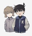  1boy 1girl black-framed_eyewear black_hair blue_eyes blue_hoodie child commentary_request cropped_torso drawstring edogawa_conan facing_viewer green_eyes grey_jacket haibara_ai hands_in_pockets highres hood hood_down hoodie jacket light_brown_hair looking_at_another meitantei_conan open_clothes open_jacket open_mouth parted_lips segami short_hair sideways_glance simple_background white_background 