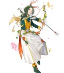  1boy animal_ears bow_(weapon) damaged fake_animal_ears fire_emblem fire_emblem:_three_houses fire_emblem_heroes gloves green_footwear green_hair hair_tie highres holding holding_bow_(weapon) holding_weapon linhardt_von_hevring linhardt_von_hevring_(spring) long_hair non-web_source one_eye_closed ponytail rabbit_ears solo torn_clothes weapon white_gloves 
