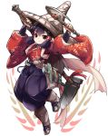  1girl brown_eyes closed_mouth full_body hat highres holding holding_weapon japanese_clothes karukan_(monjya) looking_at_viewer purple_hair sakuna-hime short_hair silver_hair smile solo tensui_no_sakuna-hime weapon white_background white_headwear wide_sleeves 