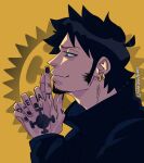 1boy artist_name black_hair black_nails closed_mouth commentary earrings english_commentary facial_hair finger_tattoo from_side goatee hand_tattoo highres hoop_earrings jewelry male_focus nail_polish one_piece short_hair smile solo tattoo trafalgar_law waverobin 