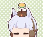  1girl =_= animal_ears blush brown_headwear chibi closed_eyes ear_covers facing_viewer gold_ship_(umamusume) gomashio_(goma_feet) green_background grey_hair hat horse_ears mini_hat outline polka_dot polka_dot_background solo umamusume white_outline 