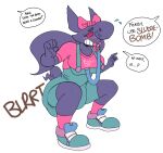 alpha_channel anonymous_artist anthro blush bow_(feature) breasts clothing crouching dialogue diaper diaper_under_clothing embarrassed feces female ferby_(ferby_the_gengar) footwear gameplay_mechanics generation_1_pokemon gengar hair hi_res nintendo object_in_mouth overalls pacifier pacifier_clip pacifier_in_mouth pigtails pokemon pokemon_(species) pseudo_hair shirt shoes shortalls soiling solo speech_bubble t-shirt talking_to_another talking_to_self text text_on_clothing text_on_shirt text_on_topwear topwear underwear