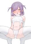  1girl absurdres bare_shoulders blush breasts commission covered_nipples eien_project green_eyes heart heart-shaped_pupils highres looking_at_viewer meme_attire navel open_mouth panties purple_hair second-party_source short_hair small_breasts solo spread_legs stomach strigidae symbol-shaped_pupils thighhighs underwear virgin_destroyer_sweater virtual_youtuber white_panties white_thighhighs zumi_dokumi 