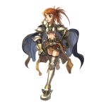  1girl 2000s_(style) armor armored_boots belt black_belt black_thighhighs blue_cape boobplate boots brown_cape brown_hair brown_skirt cape commentary_request cross cross_of_prontera full_body gauntlets green_eyes high_ponytail highres long_hair looking_afar medium_bangs midriff myung-jin_lee navel official_art open_mouth paladin_(ragnarok_online) pauldrons ragnarok_online running scabbard sheath shoulder_armor sidelocks simple_background skirt solo tachi-e thighhighs transparent_background waist_cape 