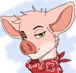  anthro domestic_pig duncan_(jasonafex) eyebrows freckles fur headshot_portrait male mammal multicolored_body multicolored_fur neckerchief orange_eyes pink_body pink_fur portrait qunteki smile smug_face solo suid suina sus_(pig) thick_eyebrows yellow_sclera 