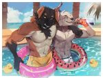 2023 anthro beverage black_nose blue_eyes canid canine canis chest_tuft clothed clothing domestic_dog duo fur hair hi_res kaionart male mammal multicolored_body multicolored_fur palm_tree plant pool pool_float soda soda_bottle swimwear topless tree tuft whiskers white_hair yellow_eyes