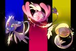  azelf closed_eyes closed_mouth commentary_request forehead_jewel glowing highres looking_at_viewer mesprit no_humans pokemon pokemon_(creature) shiroraba signature upside-down uxie yellow_eyes 