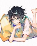  1boy aqua_eyes aqua_hair artist_logo artist_name barefoot black_hair blue_eyes genshin_impact gradient_hair grin hugging_object instagram_username legs_up looking_at_viewer lying mint-tan multicolored_eyes multicolored_hair on_stomach open_mouth pillow pillow_hug shirt short_sleeves simple_background smile solo t-shirt twitter_username venti_(genshin_impact) white_background white_shirt 