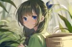  1girl basket beads blue_eyes forest green_hair green_hanfu hair_beads hair_ornament hair_over_shoulder highres kusuriya_no_hitorigoto long_hair looking_at_viewer maomao_(kusuriya_no_hitorigoto) nature outdoors solo tazaki_yokka 