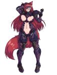  1girl animal_ears armor bandage_over_one_eye bandaged_head bandages bangs blush bodysuit breasts brups_tv cleavage clenched_teeth commission hand_on_own_head highres large_breasts long_hair looking_down navel one_eye_covered open_hand original red_hair science_fiction skin_tight solo standing tail teeth white_background wolf_ears wolf_tail yellow_eyes 