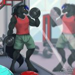  1:1 airpods anthro artwork_(digital) black_body black_fur bodily_fluids bottomwear bulge clothing commission_art digital_drawing_(artwork) digital_media_(artwork) dumbbell enjoying equid equine exercise fur gift gym horse male mammal mirrior muscular muscular_ale selfish shorts smile solo sunny_way sweat training weightlifting weights wet workout 