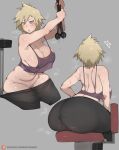  1girl accidental_exposure alternate_costume artist_name ass bakugou_mitsuki bare_shoulders black_pants blonde_hair blush bob_(bobtheneet) boku_no_hero_academia breasts censored chair clothes_pull crop_top exercise grey_background highres huge_ass huge_breasts mature_female mosaic_censoring multiple_views pants pants_pull patreon_logo patreon_username plump purple_shirt red_eyes shirt short_hair simple_background sitting skindentation solo sweat very_sweaty watermark web_address workout_clothes yoga_pants 